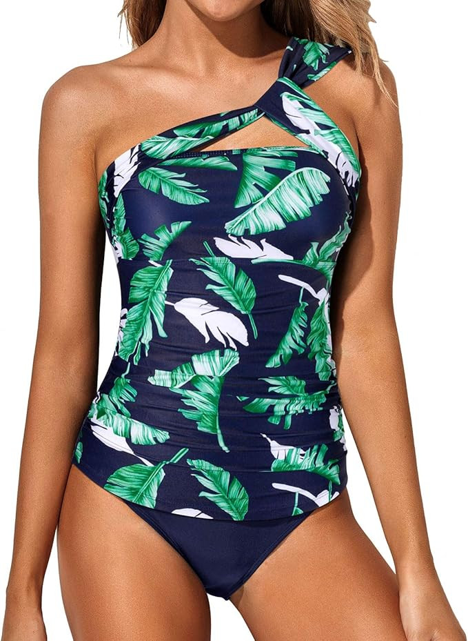 Tempt Me Two Piece Tankini Bathing Suits for Women One Shoulder Swim Top with Shorts Swimsuits | Amazon (US)