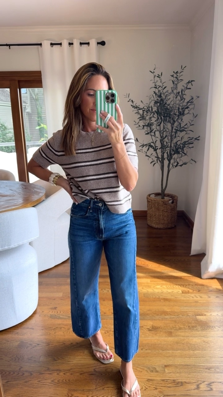 Small stripe sweater in color: heather ash
Jeans tts, 25 regular in the ankle fit here 
Cross charm & chain - code: twopeasinablog

#LTKootd #LTKmomlife #LTKOver40
