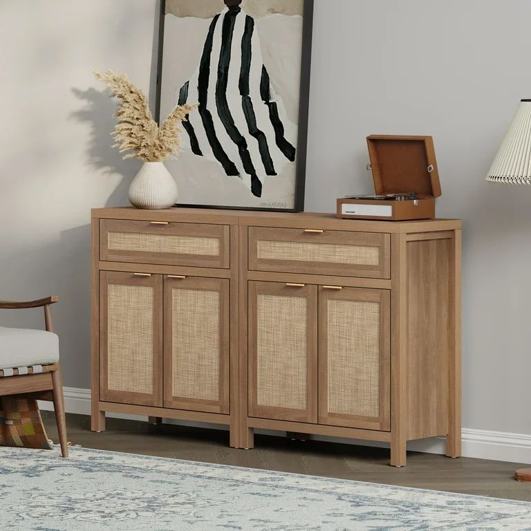 Surmoby Sideboard Buffet Cabinet Set of 2,Boho Storage Cabinets with Rattan Doors and Drawer,Farm... | Walmart (US)