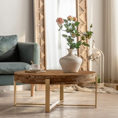 31.29ft Modern Retro Splicing Round Coffee Table, Fir Wood Top with Gold Cross Legs, MDF Back, 220 lbs Capacity, Easy Assembly | Target