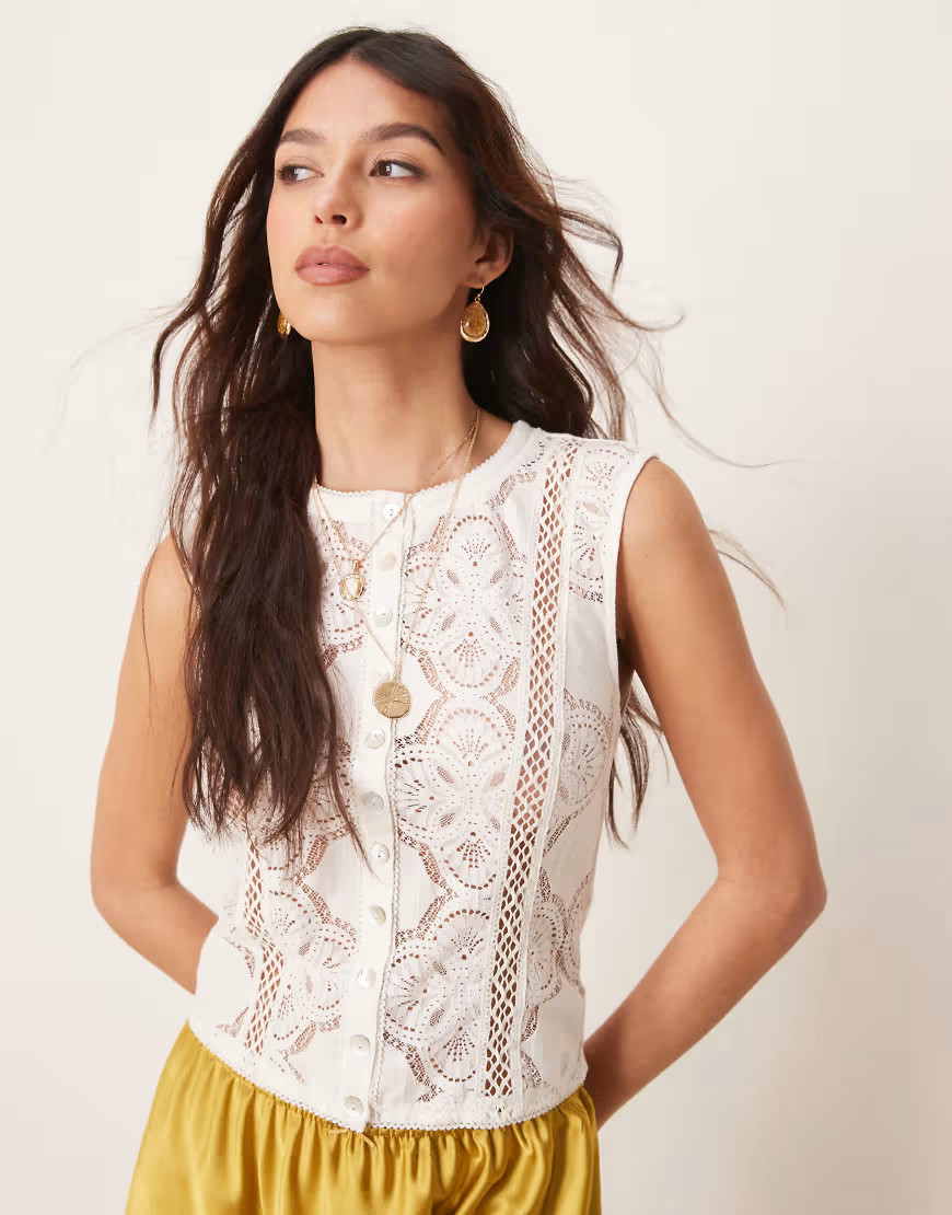 Free People jae button up lace top in ivory-White | ASOS (Global)