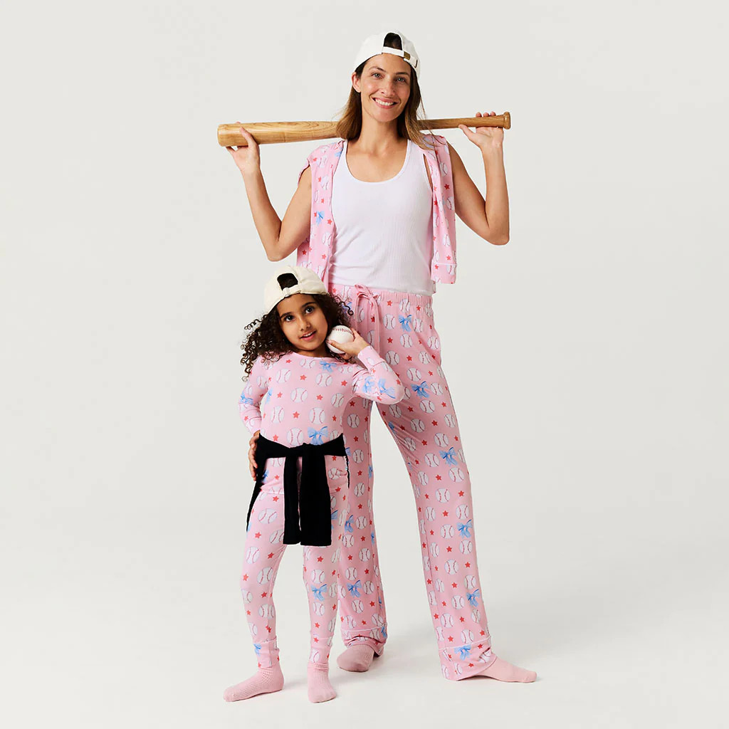 Baseball Pink Long Sleeve Gina Women's Luxe Pajama Pant Set | Posh Peanut® | Posh Peanut