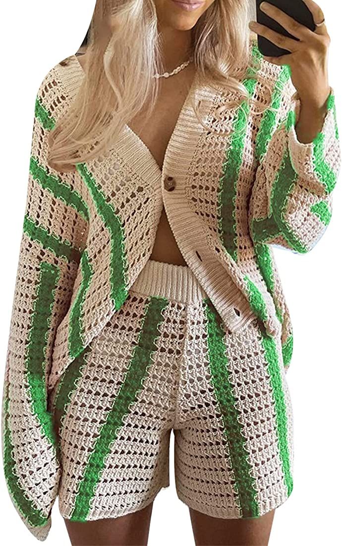 Gihuo Women' s Y2K 2 Piece Knit Outfits Striped Sweater Shorts Set Hollow Out Crochet | Amazon (US)