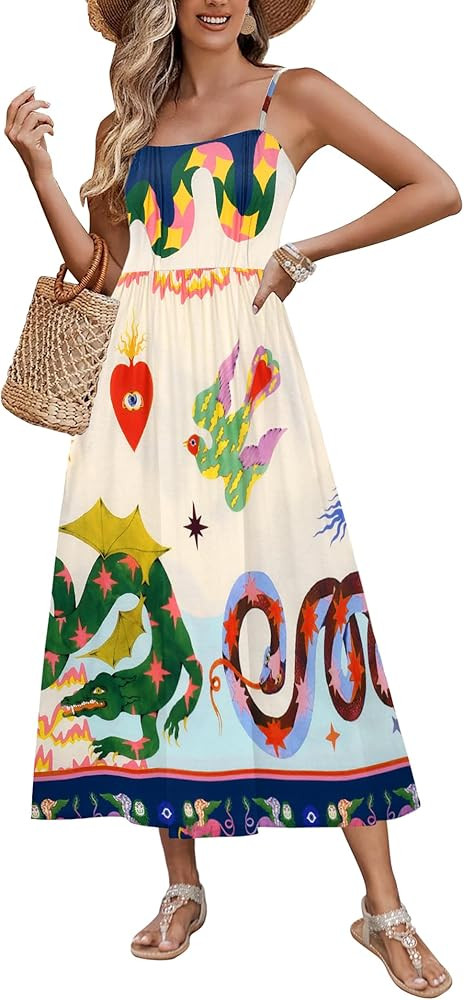 Zeagoo Women's Summer Casual Boho Sundress Spaghetti Strap Square Neck Flowy Midi Dresses A Line ... | Amazon (US)