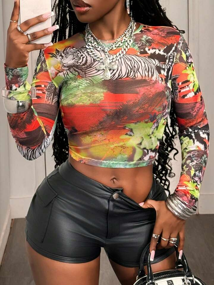 Slaydiva 2025 New Summer Casual Street Retro Street Daily Date Y2K Hot Girl Sexy Round Neck Long Sleeve Full Smudge Print Zebra Print Cropped Women's T-Shirt-A Leopard Print Outfit Women | SHEIN