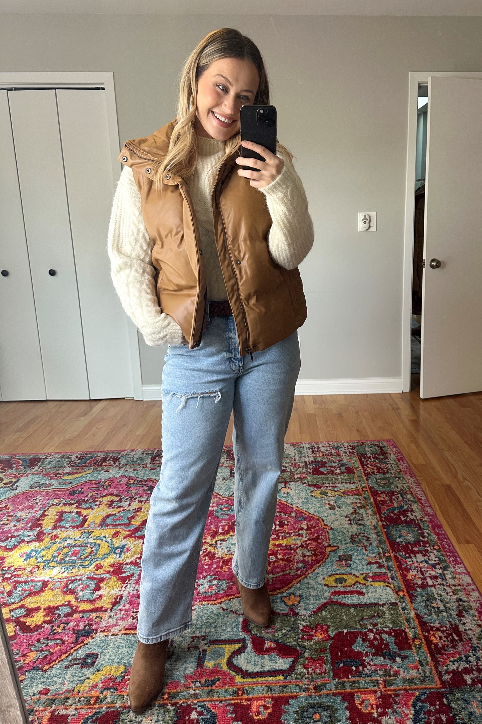 Outfit idea for fall / these straight leg jeans are 20% off and these booties are buy one get one 50% off! Linked this chunky sweater, vest, hoops and belt too! #fallfashion #jeans #targetfinds #fallshoes #booties #falloutfits 

#LTKshoecrush #LTKfindsunder50 #LTKsalealert