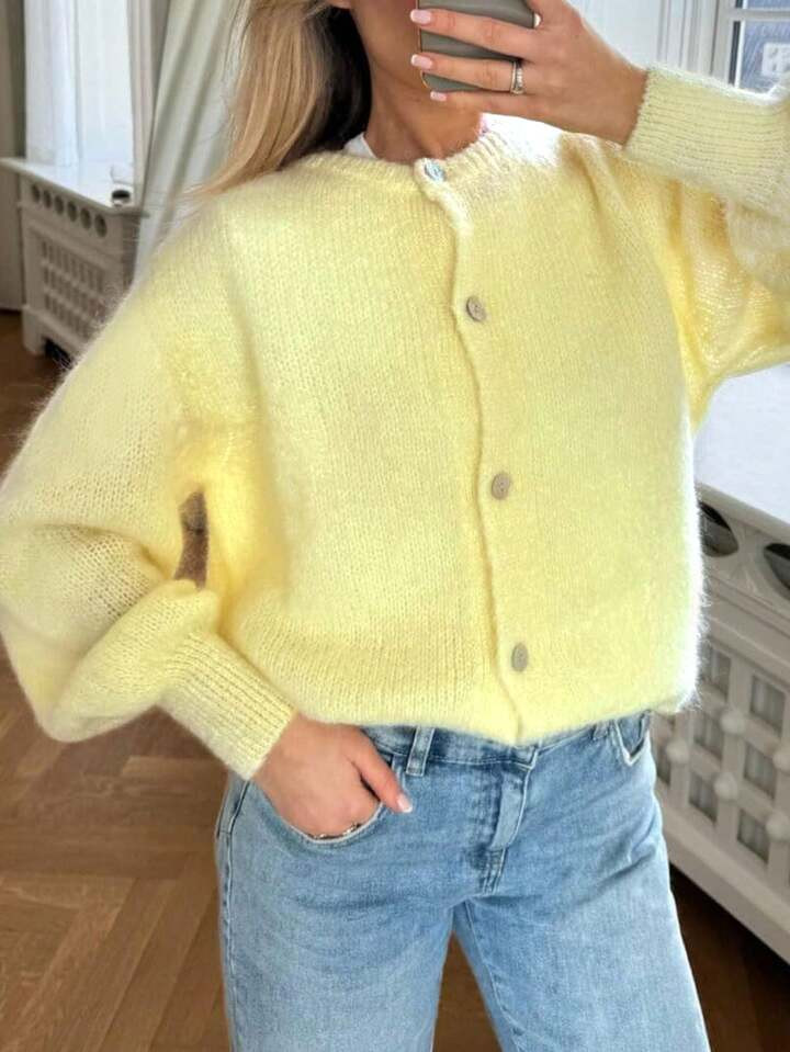 INAWLY Women's Solid Color Dropped Shoulder Crew Neck Long Sleeve Single-Breasted Cardigan Sweater, Fall/Winter | SHEIN