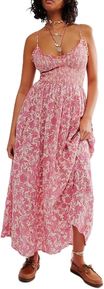 FEORJGP Womens Summer Spaghetti Strap Long Dress Boho Low Cut Dress Backless Bodycon Midi Dress B... | Amazon (US)