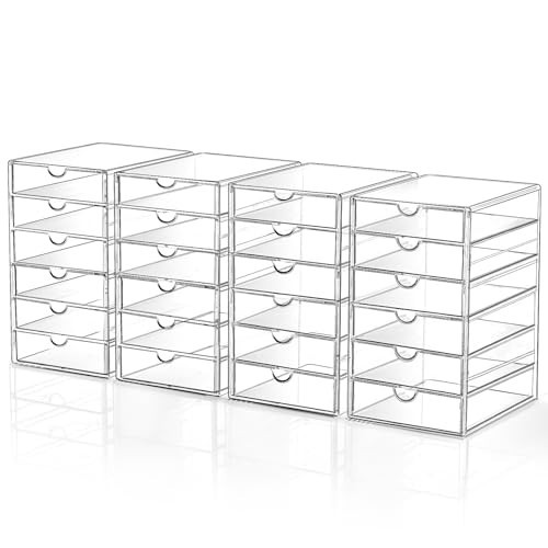 Makeup Drawer Storage Organizer with 24 Drawers, 4 Set Acrylic Office Desk Organization and Storage, Dustproof Drawer Organizer for Makeup, Office, Countertop, Jewelry, Pen, Desktop, Bathroom, Bedroom | Amazon (US)