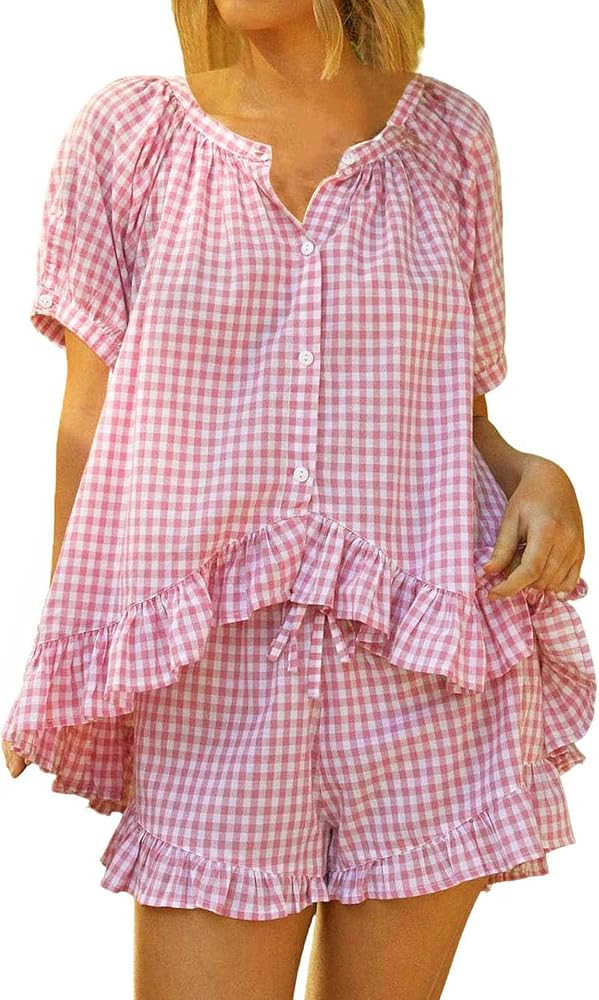 Womens Gingham Pajama Sets Button Down Puff Short Sleeve Top and Ruffle Shorts PJ Set 2 Piece Lou... | Amazon (US)