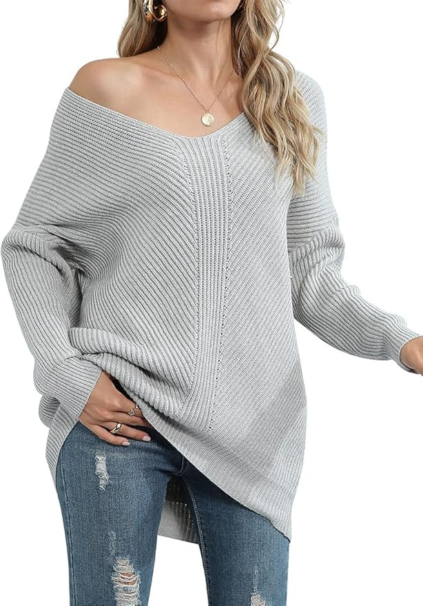 ANRABESS Women's Batwing Sleeve Dolman Ribbed Knit Sweaters Oversized V-Neck Pullover Tops | Amazon (US)