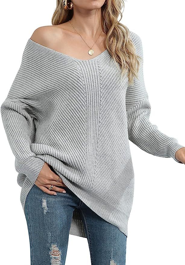 ANRABESS Women's Batwing Sleeve Dolman Ribbed Knit Sweaters Oversized V-Neck Pullover Tops | Amazon (US)