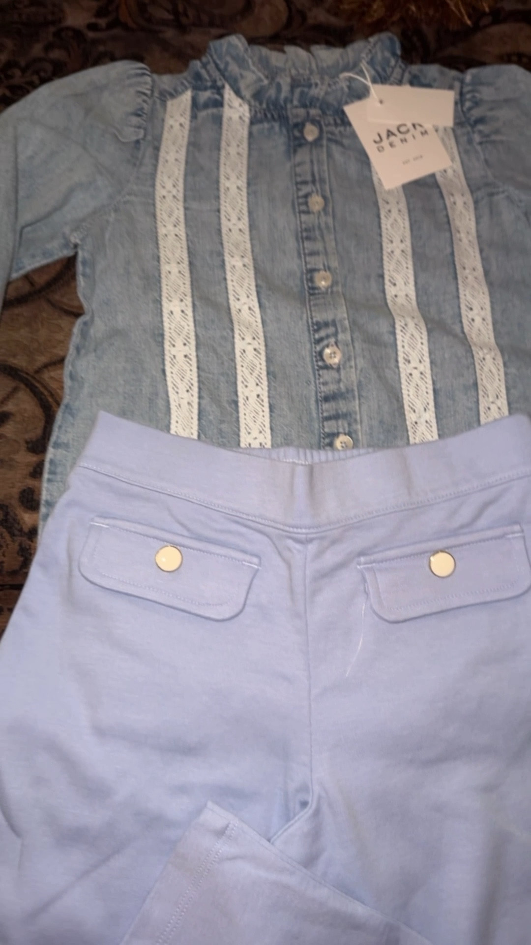 Blue chambray blouse , toddler ponte pants 

#LTKHoliday #LTKKids #LTKmomlife