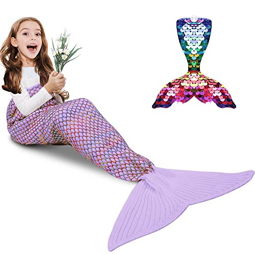 AmyHomie Mermaid Tail Blanket, Hand Crochet Mermaid Blanket for Kids, Super Soft Breathable Little Mermaid Tail Sleeping Bag, Best Mermaid Gifts for Girls(Light Purple Rainbow, Kids) | Amazon (US)
