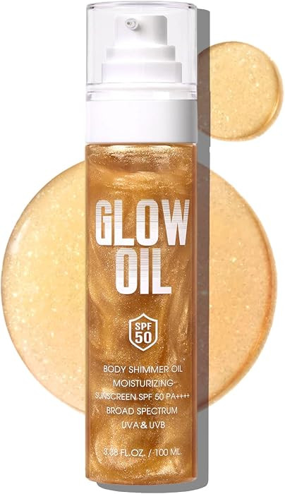 Body Glow Oil, Broad Spectrum SPF 50, Glitter Shimmer Sunscreen Body Oil Lotion with Sequin Mica,... | Amazon (US)
