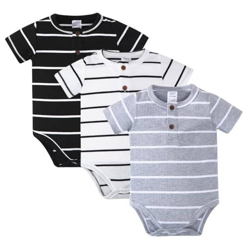 ROMPERINBOX Newborn Onsies Boy Girl 3 Pack Rib Knit Baby Bodysuit Striped Half Placket Front Button Short Sleeve for Unisex (Black/White/Gray, 0-3 Months) | Amazon (US)