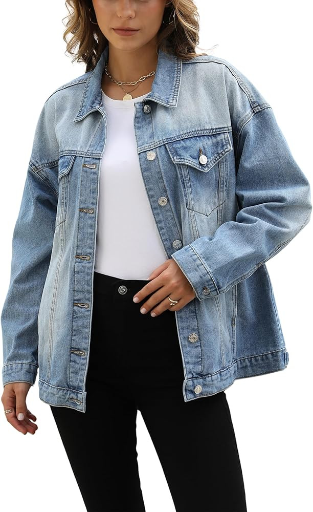 Omoone Women's Oversized Mid Long Denim Jacket Jean Biker Coat | Amazon (US)