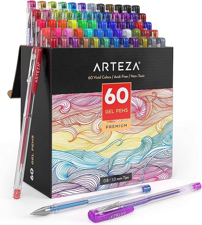 Arteza Gel Pens, Set of 60-Individual-Colors, 0.8-1.0 mm Tips, Acid-Free & Non-Toxic, Art Supplie... | Amazon (US)