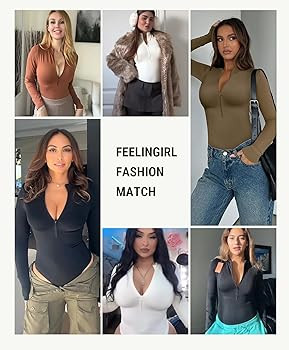 FeelinGirl Long Sleeve Bodysuit for Women Mock Turtle Neck Body Suits Zip Up Design Black Tummy C... | Amazon (US)