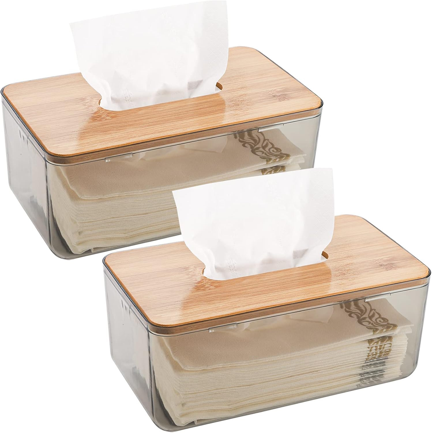 Jucoan 2 Pack Bamboo Tissue Box Cover Holder, Transparent Facial Tissue Dispenser Box, Rectangle ... | Amazon (US)