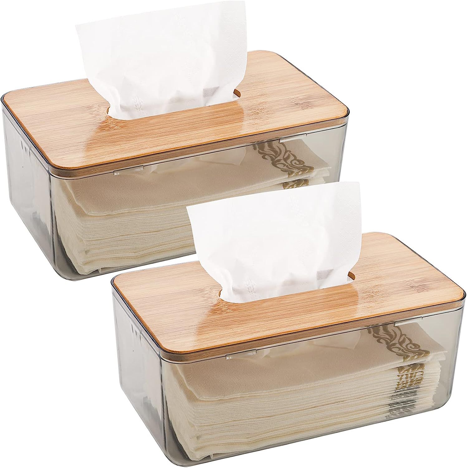 Jucoan 2 Pack Bamboo Tissue Box Cover Holder, Transparent Facial Tissue Dispenser Box, Rectangle ... | Amazon (US)