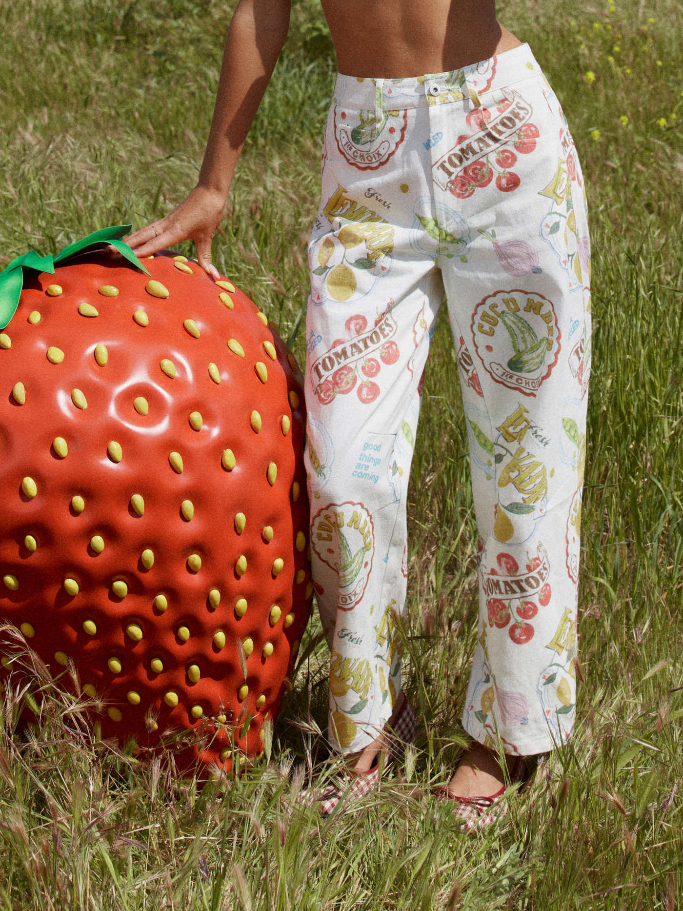 Cotton Mid Rise Fruit Graphic Barrel-leg Trousers | Cider