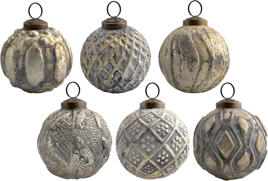 AuldHome Farmhouse Ball Ornaments (Set of 6, Gold/Silver); Distressed Metal Glass Ball Vintage St... | Amazon (US)