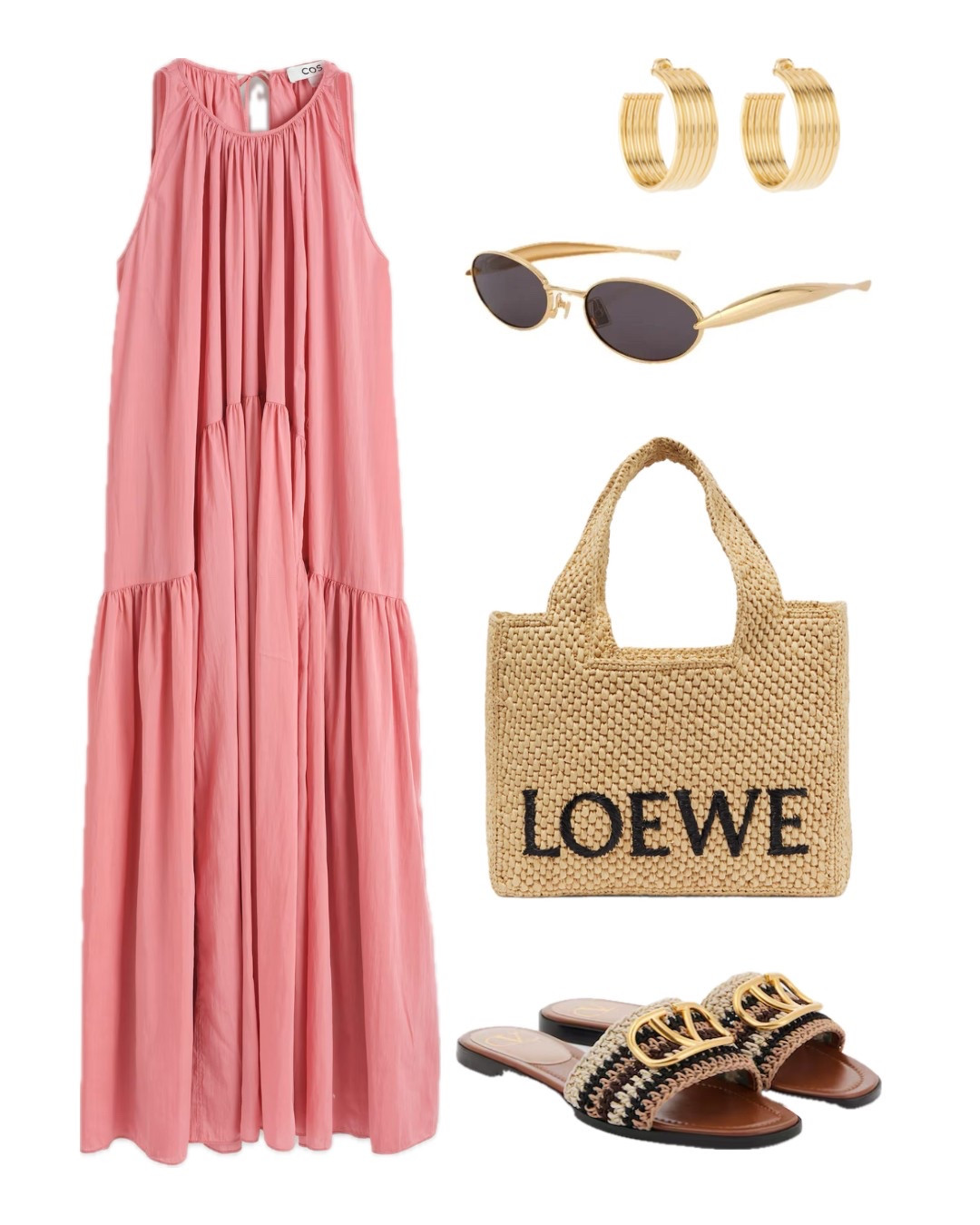 Effortless chic summer – airy outfit with raffia bag and gold details !!