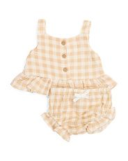Infant Girl Gingham 2pc Gauze Top And Bloomers Set With Sunglasses | TJ Maxx