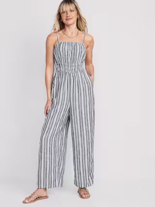 Striped Linen-Blend Cropped Smocked Cami Wide-Leg Jumpsuit for Women | Old Navy (US)