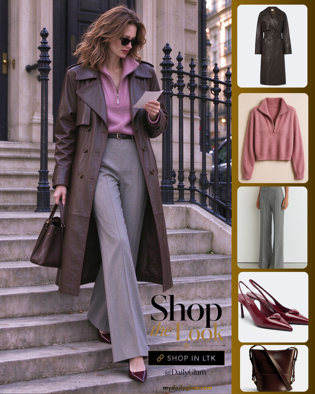 Parisian fall vibes hit different 🤎
Obsessed with this effortless combo: dark brown leather trench + soft pink half-zip knit + grey wide leg trousers.
Timeless chic that works for brunch, meetings or casual city walks.
Neutral tones with that subtle pop of pink — my go-to fall uniform.


#FallOutfit #ParisianStyle #LeatherTrench #EffortlessChic #FallFashion #OOTD #WideLegPants #NeutralOutfit #CityStyle #ChicOutfit #FrenchStyle #FallWardrobe #OOTDFall #StyleInspo #WomenFashion 

 #LTKootd #LTKOver40 #LTKWorkwear