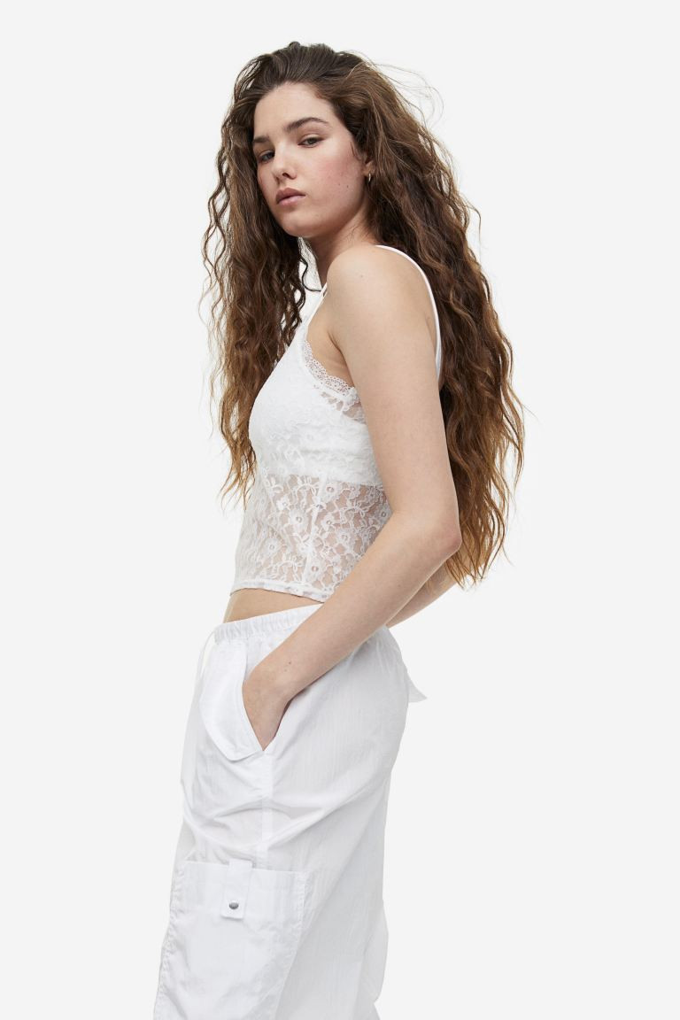 Sheer lace strappy top - Light yellow - Ladies | H&M GB | H&M (UK, MY, IN, SG, PH, TW, HK)