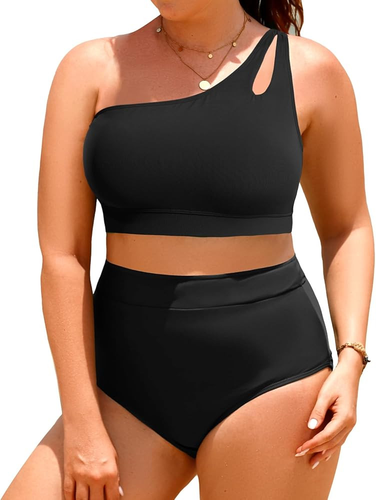 Tempt Me Plus Size High Waisted Bikini Set for Women Two Piece One Shoulder Swimsuit Keyhole Bath... | Amazon (US)