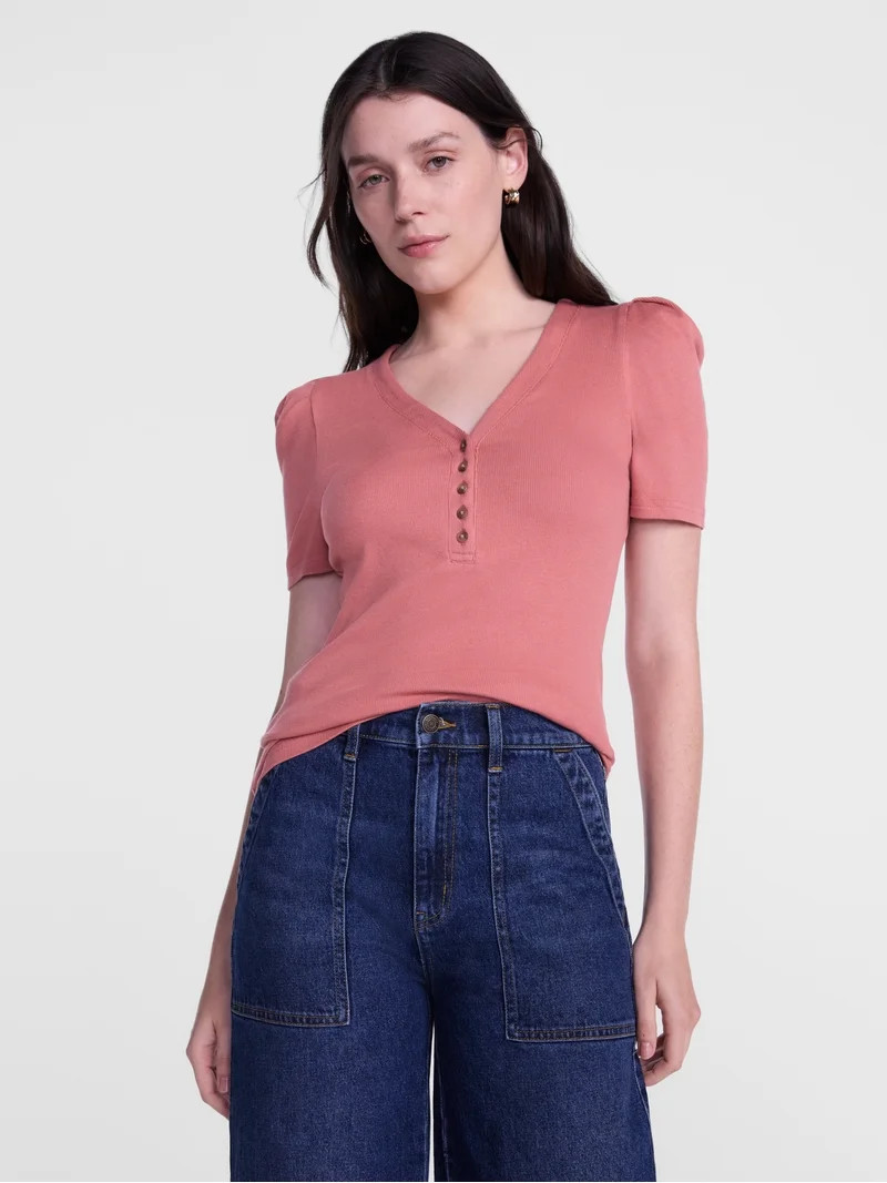 Scenario Women's V-Neck Henley Top with Short Puff Sleeves, Sizes XS-XXXL | Walmart (US)
