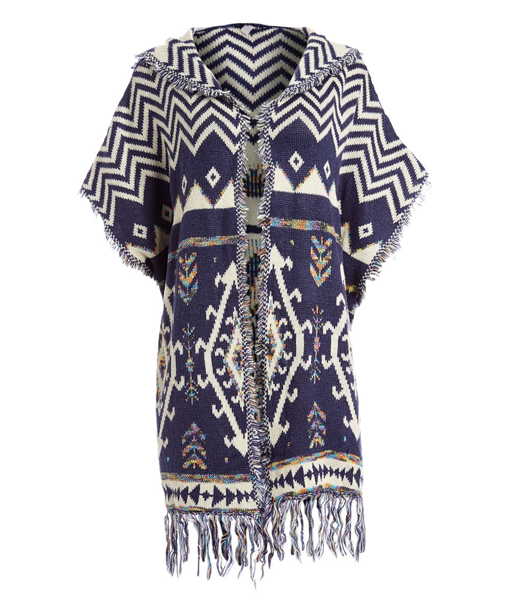 Pretty Angel Women's Ponchos BLUE/CREAM(BL/CM) - Blue & Cream Geometric Linen-Wool Blend Ruana | Zulily