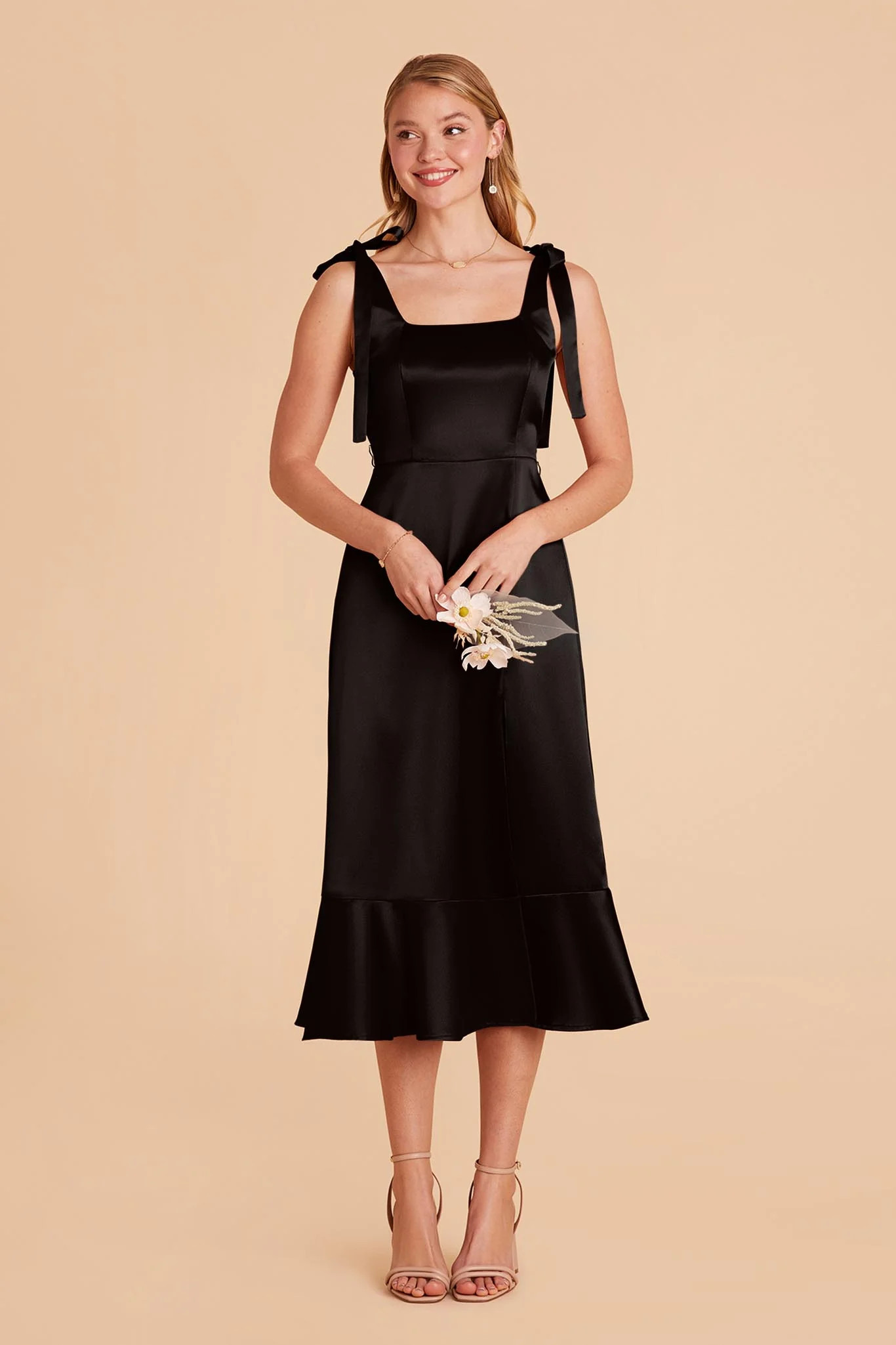 Eugenia Shiny Satin Convertible Midi Dress - Black | Birdy Grey