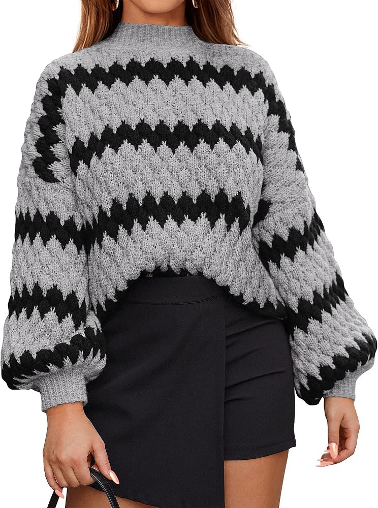 KIRUNDO Womens Fall Sweaters 2024 Oversized Lantern Sleeve Striped Color Block Mock Neck Chunky C... | Amazon (US)