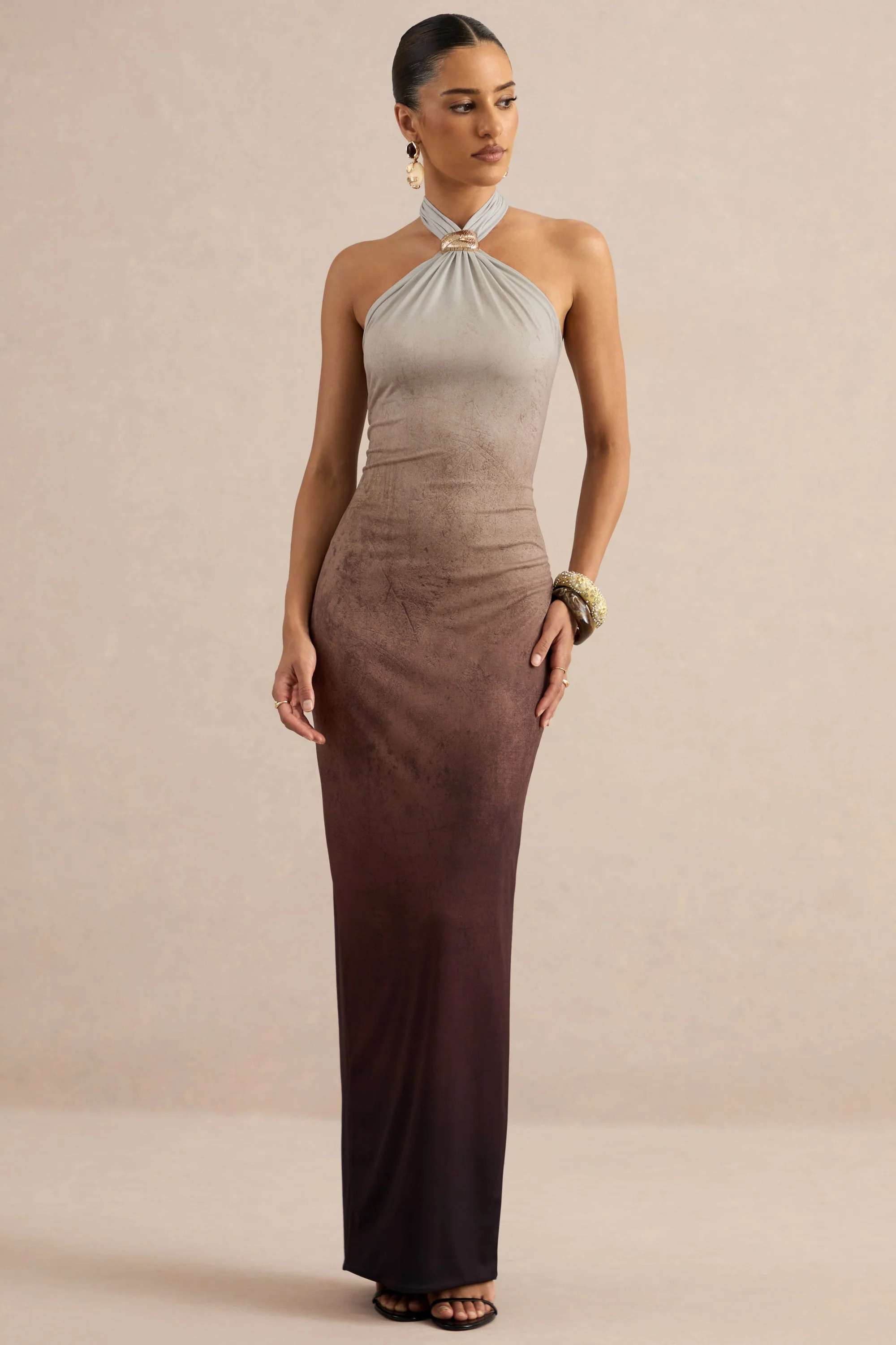Thera | Brown Ombre Halter-Neck Maxi Dress With Gold Detail | Club L London