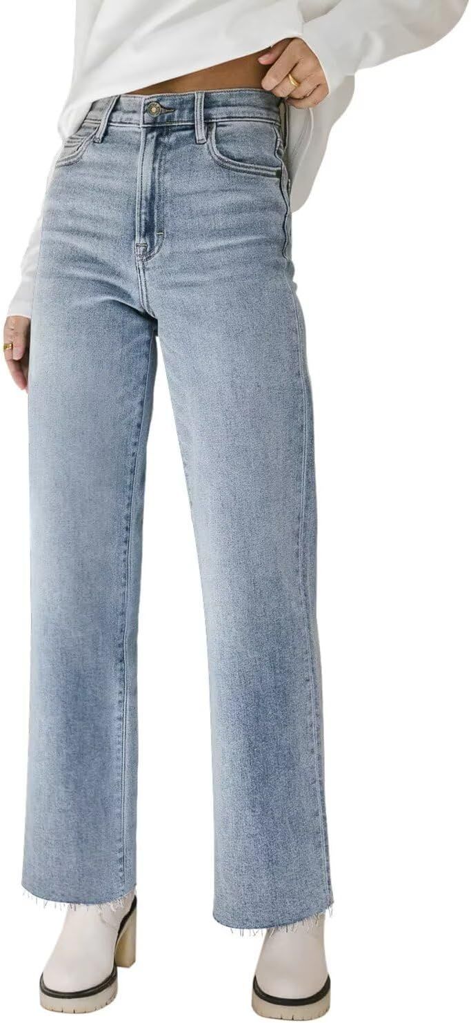 KDF Straight Leg Jeans for Women High Waisted Jeans Frayed Baggy Pants Raw Hem Loose Stretchy Cro... | Amazon (US)