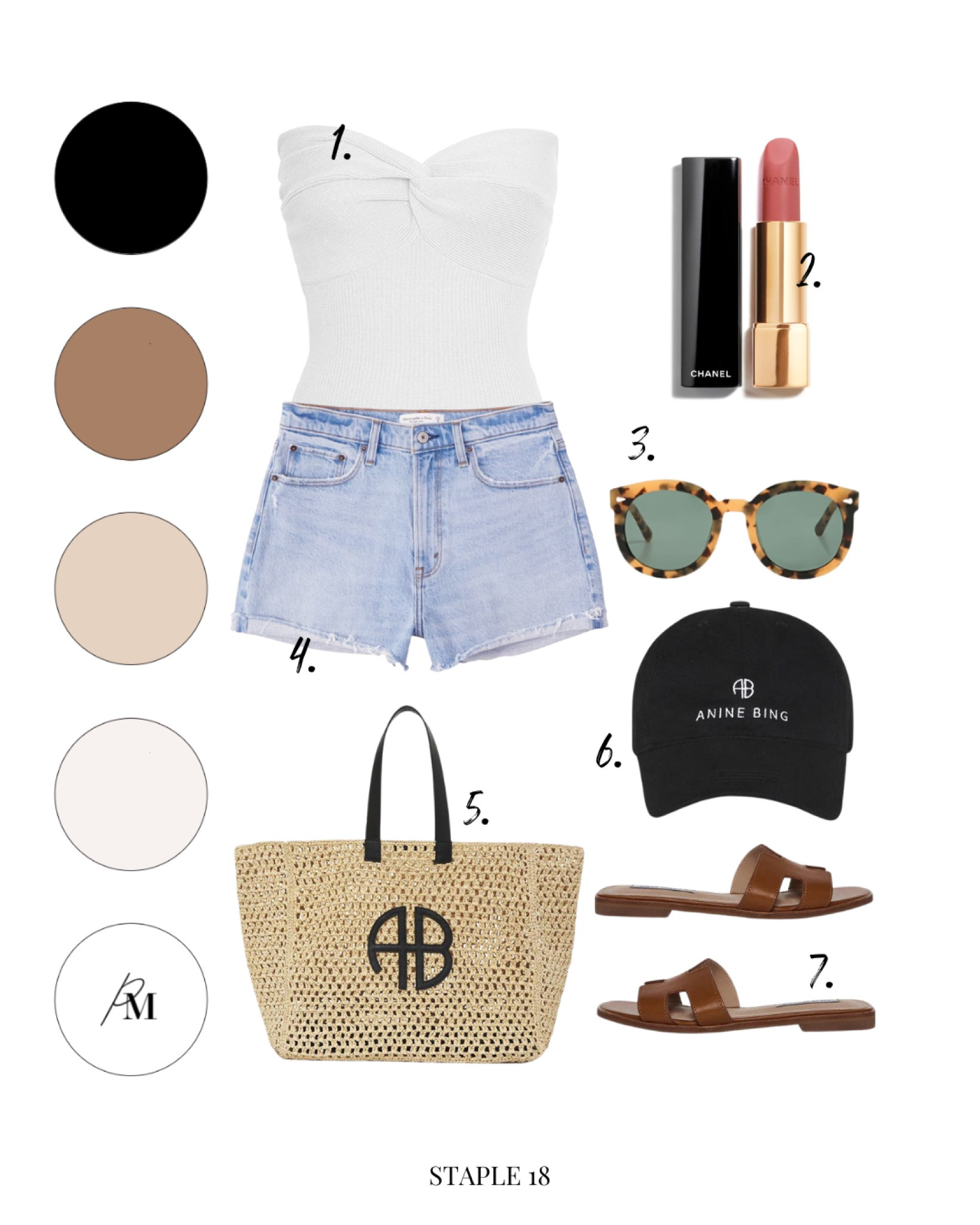 women’s strapless amazon top 
abercrombie denim shorts 
chanel rouge lipstick
sunglasses
anine bing baseball cap
anine bing tote bag
steve madden sandal 

#LTKFind #LTKSeasonal #LTKstyletip