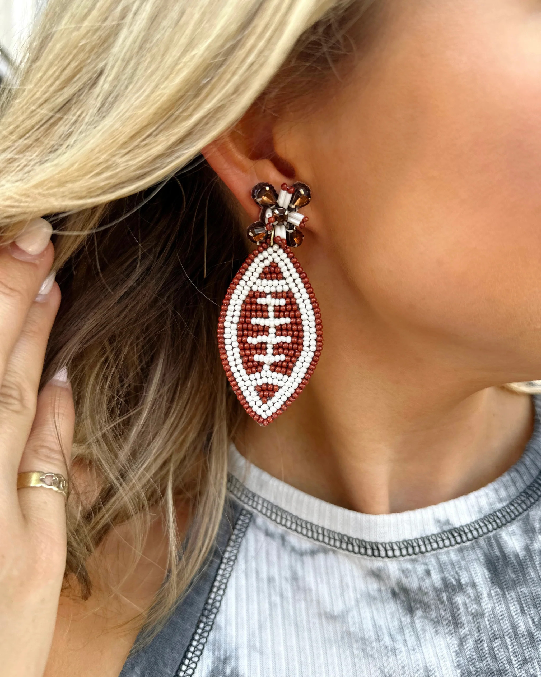 Brown/White Sparkle Football Beaded Earrings | Live Love Gameday®