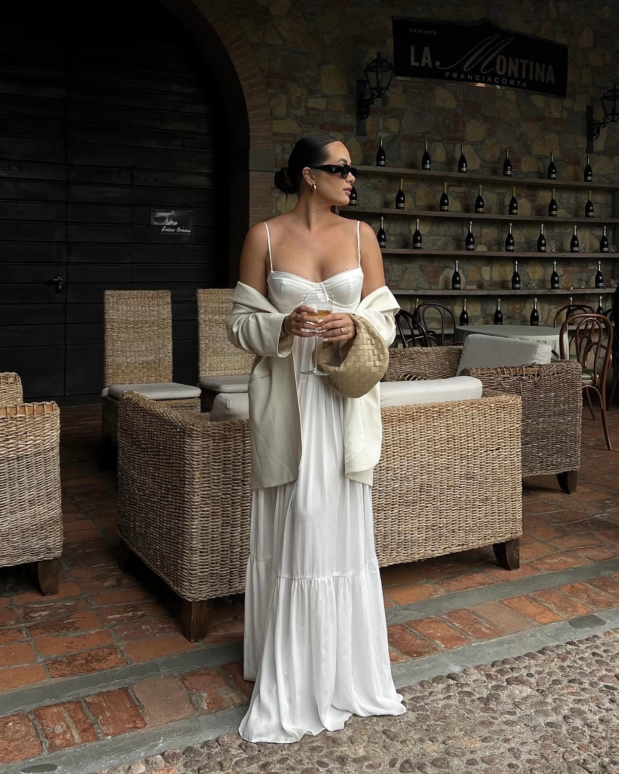 White summer maxi dress outfit styled with a blazer, sunglasses, and my favorite neutral bag from Bottega

#LTKSeasonal #LTKootd