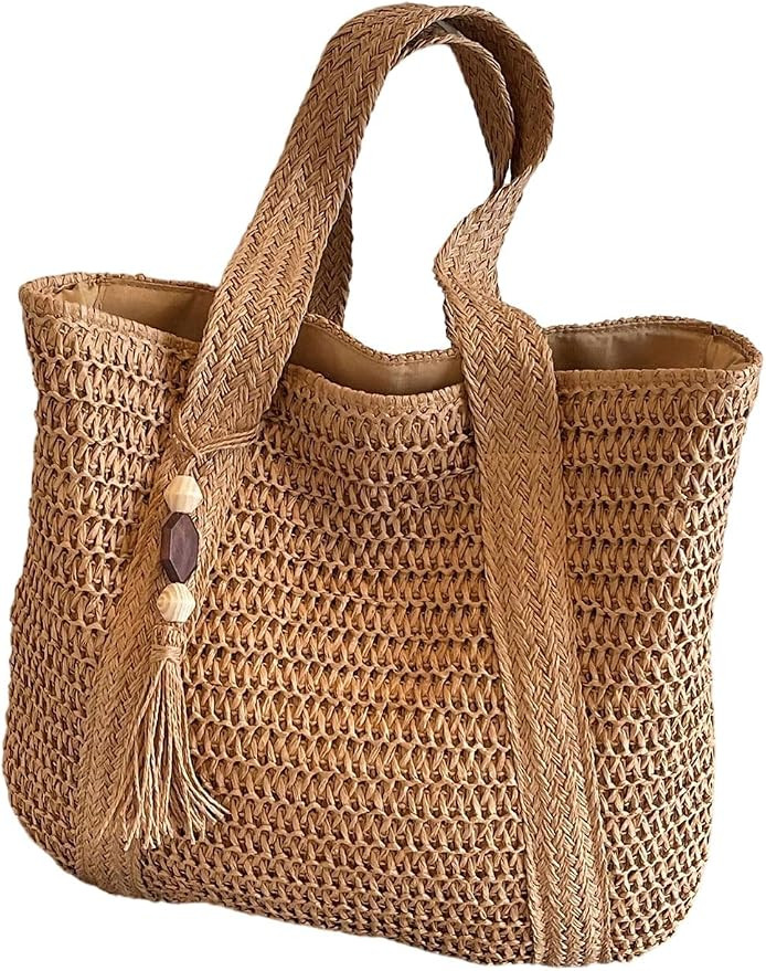 Women's Boho Woven Straw Shoulder Tote Bags Double Handle Large Capacity Beach Vacation Bag      ... | Amazon (US)