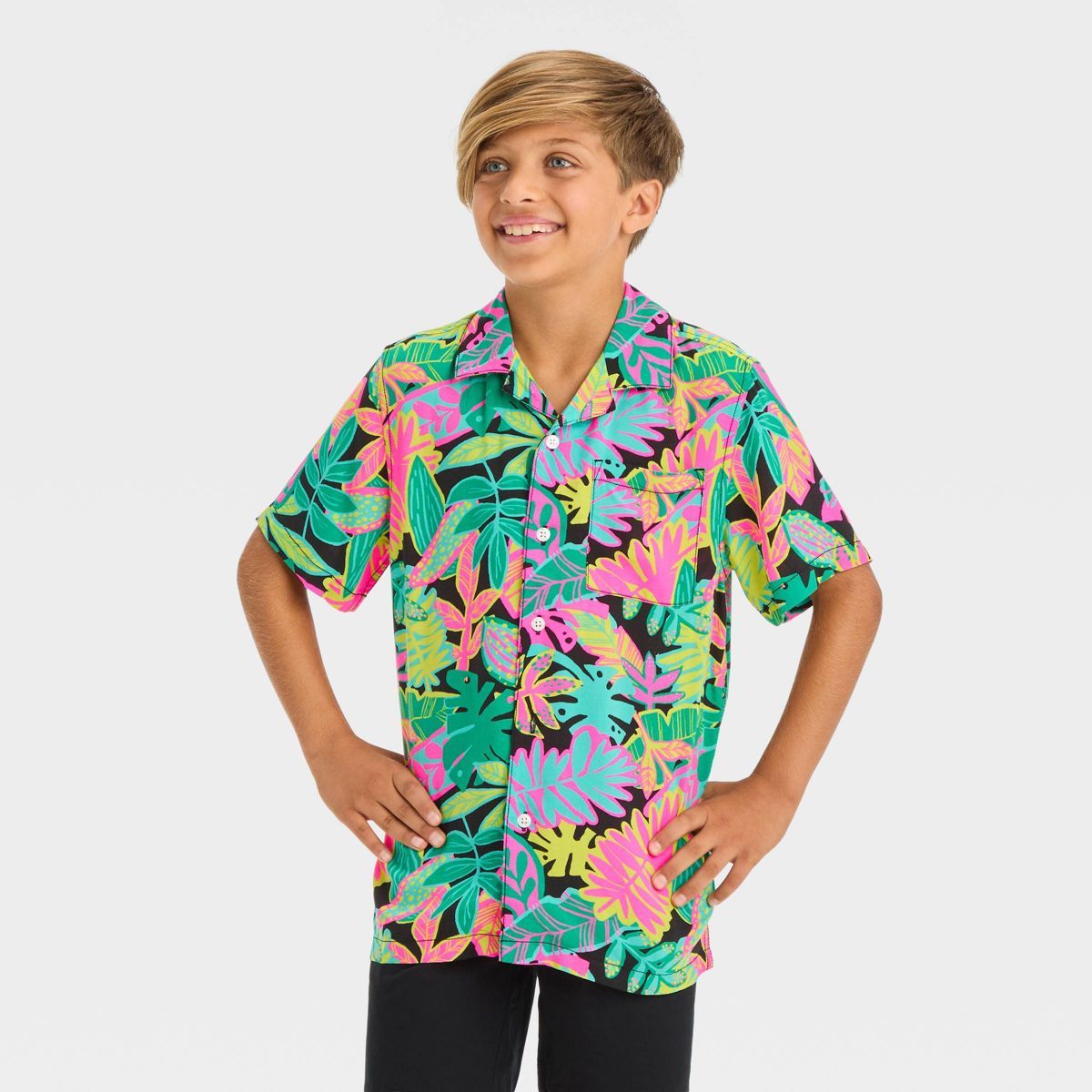 Boys' Short Sleeve Palm Tree Printed Button-Down Shirt - Cat & Jack™ Black | Target