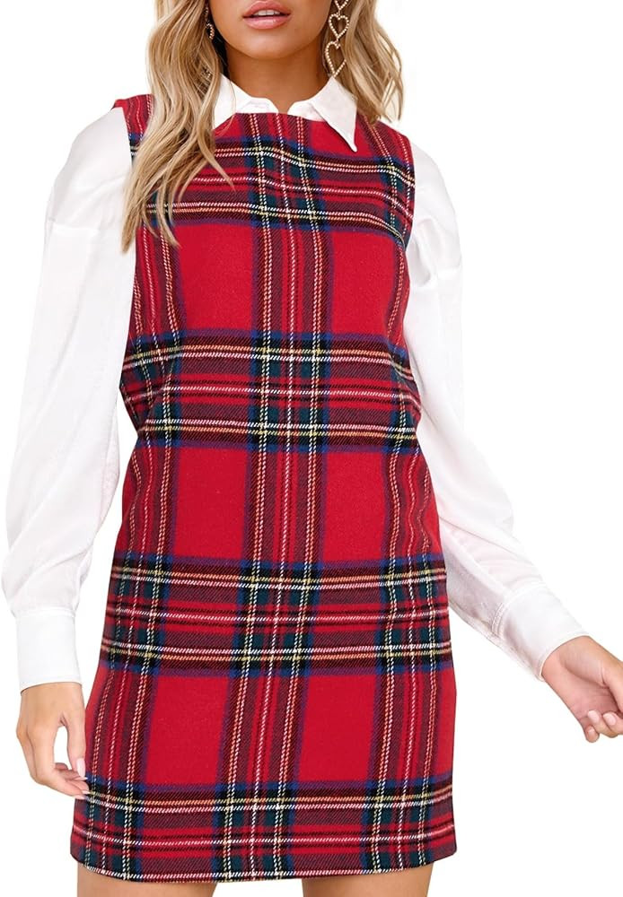 Fisoew Women's Plaid Christmas Dress Mini Sleeveless Round Neck A Line Short Xmas Party Dresses | Amazon (US)