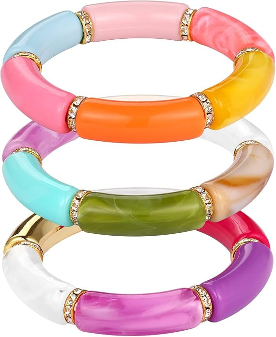Bamboo Tube Bracelet Chunky Bangle Gold Stacking Bangles Acrylic Clear Stretchable Colorful Beads... | Amazon (US)