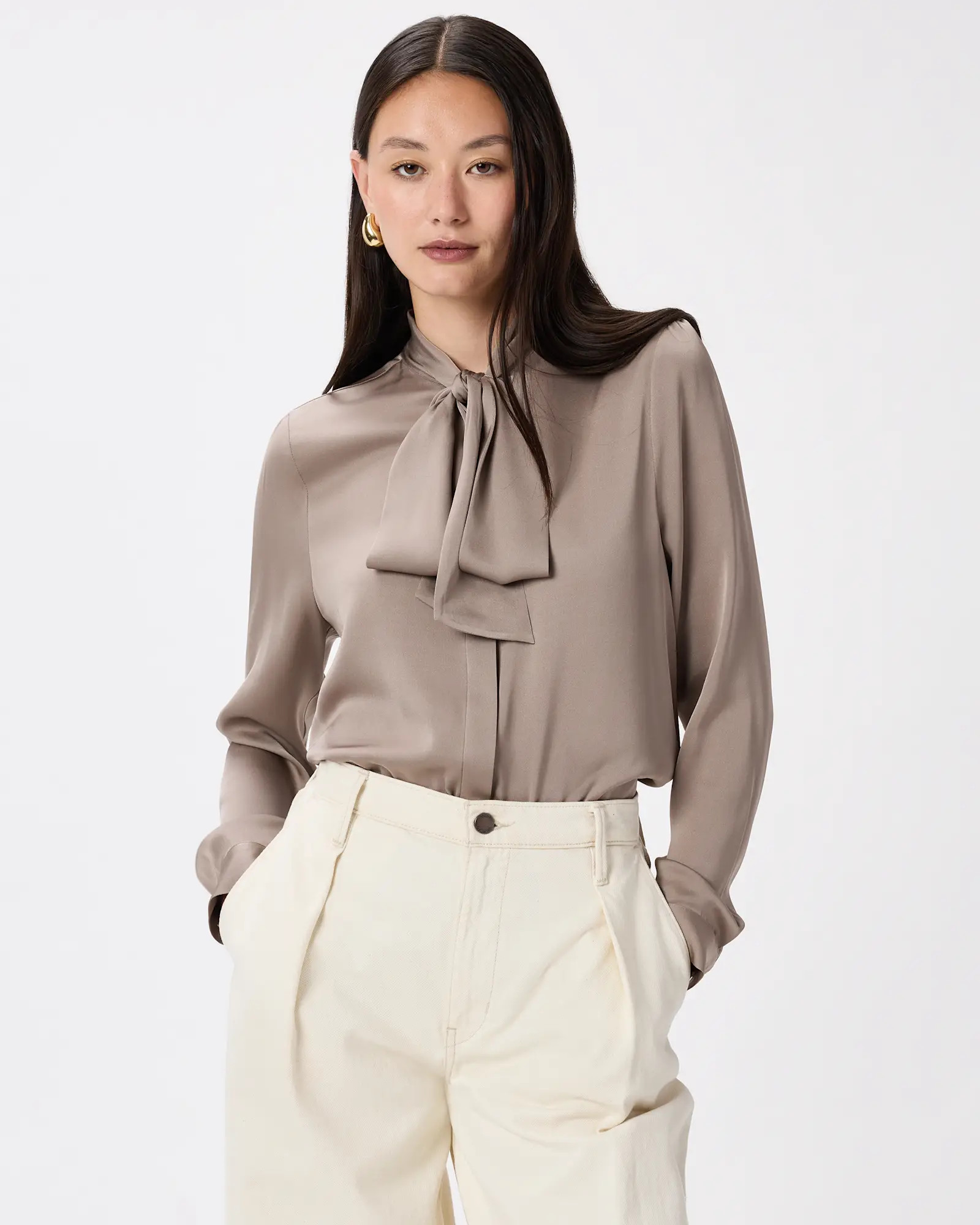 Washable Stretch Silk Tie Neck Blouse  in Morel Grey | Quince