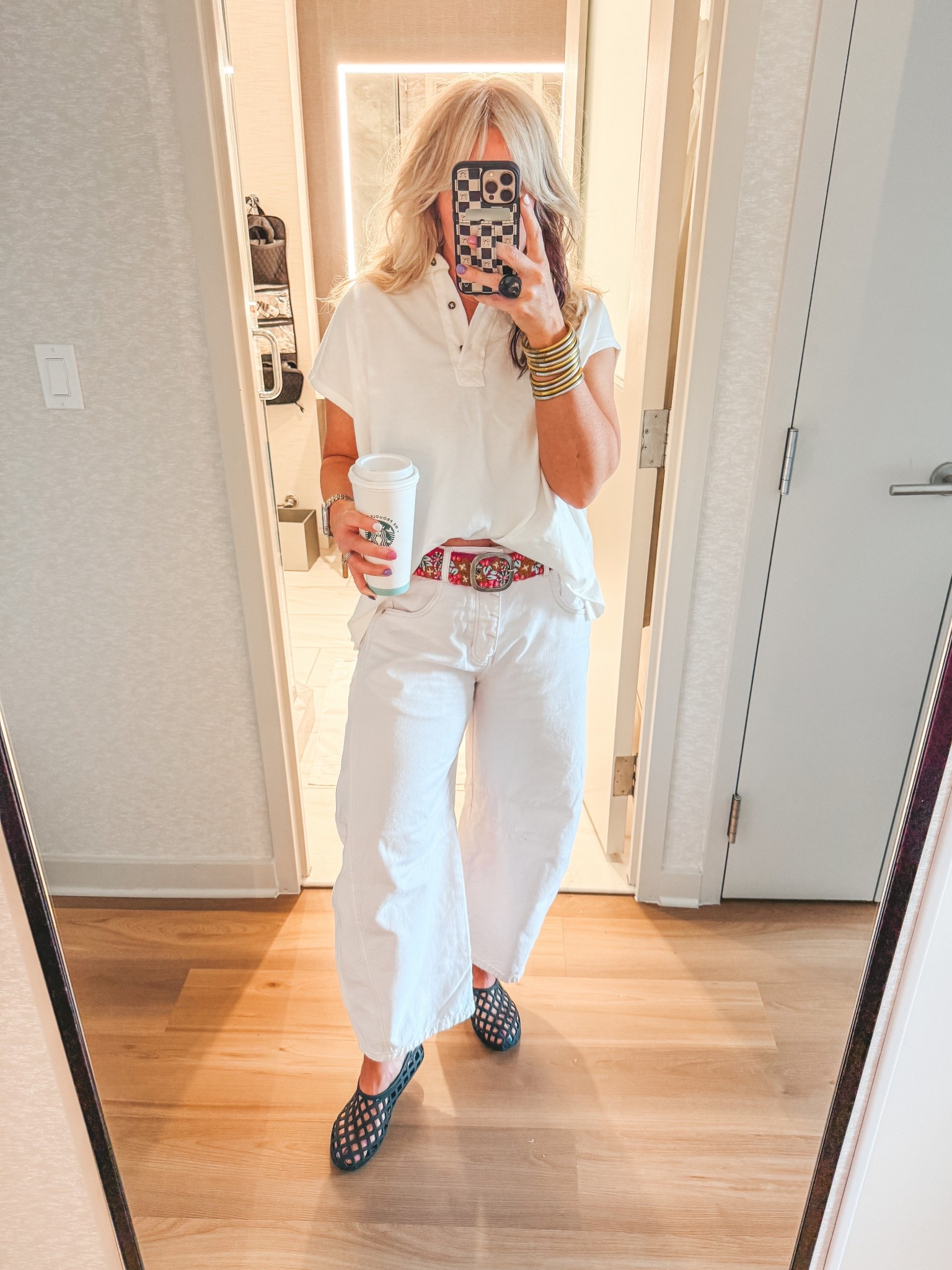This was my fit Saturday but I changed later after breakfast into shorts. 🥰
This polo style top is so cute and comes in more colors. I’m wearing a medium. These jeans I stayed true to size in since they are a white wash. I’m wearing a medium in this link embroidered belt and it’s such a statement piece! Love it! 💕


#LTKStyleTip #LTKOver40 #LTKShoeCrush