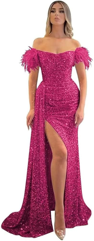 KMQSY Sequin Prom Dress for Women, Mermaid Slit Feather Backless Floor-Length Evening Gowns | Amazon (US)