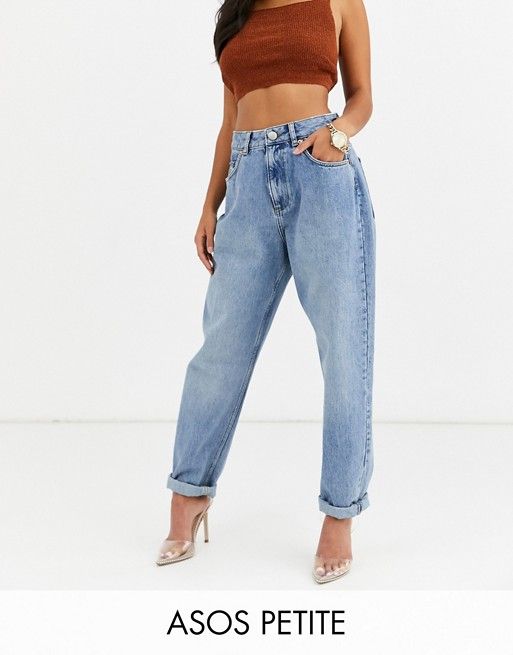 ASOS DESIGN Petite high rise 'slouchy' mom jeans in midwash | ASOS (Global)